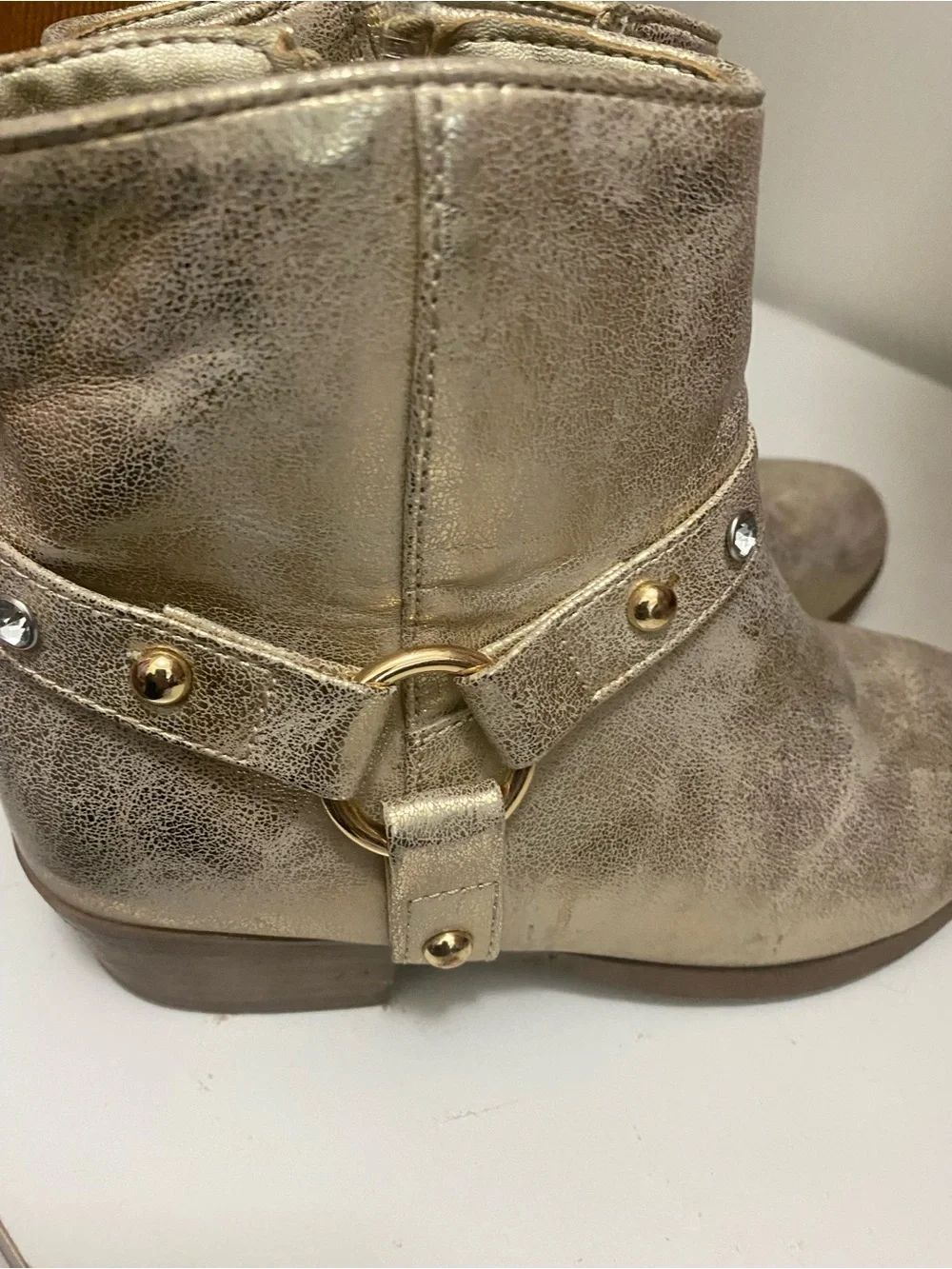 Little girls Jessica Simpson  Metallic Gold Ankle Boots with Decorative Harness